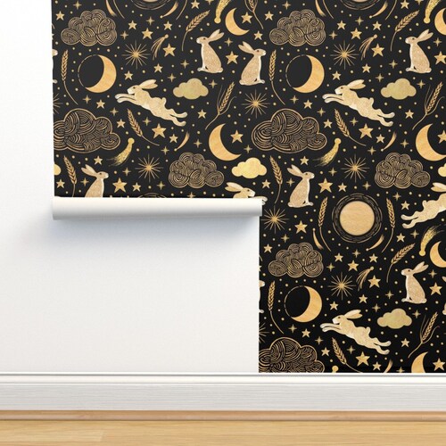 Black Rabbit Commercial Grade Wallpaper Harvest Moon Hares Etsy