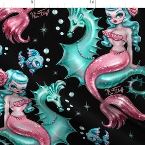 Vintage Mermaid Fabric - Mysterious Mermaid On Black- Large By Miss Fluff - Vintage Mermaid Black Cotton Fabric By The Yard With Spoonflower