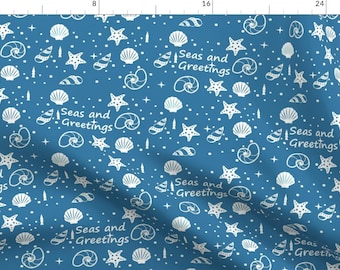 Coastal Christmas Fabric - Seas And Greetings by deziwheel - Nautical Beach Seashells Blue White Whimsical Fabric by the Yard by Spoonflower