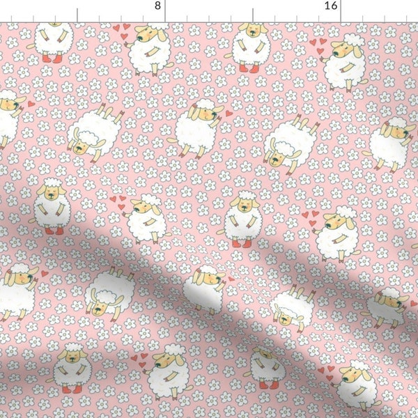 Pink Sheep Print Fabric - Cute Sheep And Floral Meadow By Magicforestory - Nursery Print Sheep Cotton Fabric By The Yard With Spoonflower