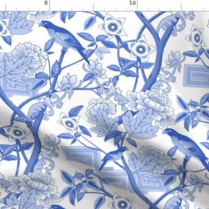 Blue And White Fabric - Parrots And Peonies Chinoiserie by vinpauld - Chinoiserie Birds And Flowers Fabric by the Yard by Spoonflower