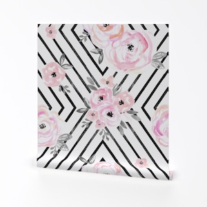 Boho Removable Peel and Stick Wallpaper -  Geometric Floral Pink Black Roses Bold - Wall Art Wall Decor - Blush Roses Mod by crystal_walen