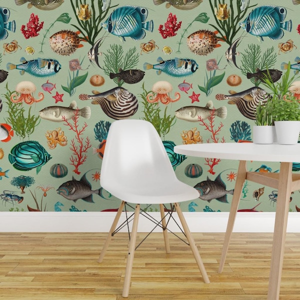 Fish Wallpaper - Oceania In Sage Green By Delinda Graphic Studio - Beach Tropical Fish Removable Self Adhesive Wallpaper Roll by Spoonflower