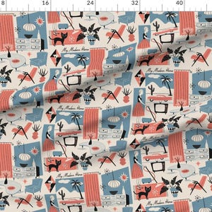 Vintage Inspired Mid Century Modern Fabric - My Modern Home By Ruby Ritz - Retro 1950s Blue Coral Cotton Fabric By The Yard With Spoonflower 画像 2