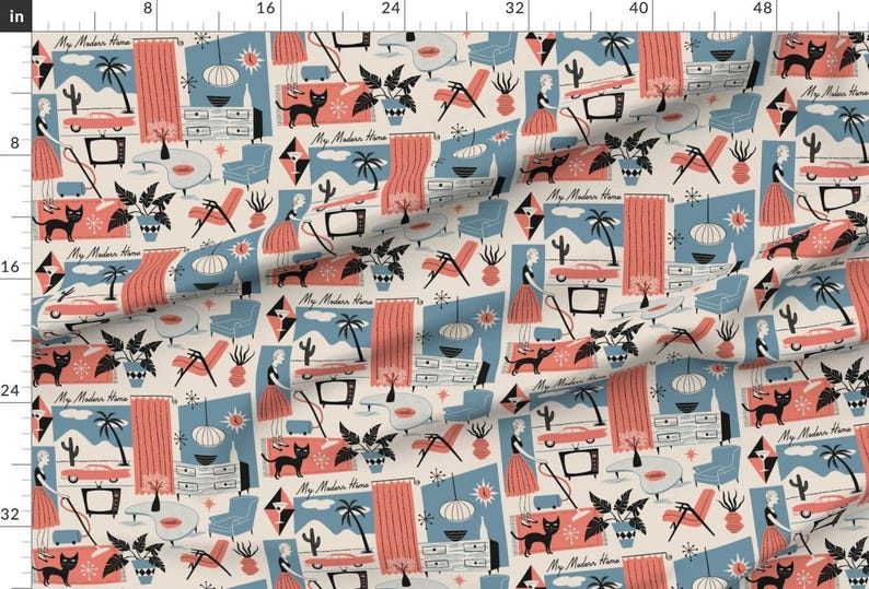 Vintage Inspired Mid Century Modern Fabric - My Modern Home By Ruby Ritz - Retro 1950s Blue Coral Cotton Fabric By The Yard With Spoonflower 画像 2