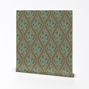 May include: A repeating pattern wallpaper with a teal background and a brown, red, and green floral design.