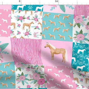 Horse Quilt Blue Cheater Quilt Fabric - Pink And Teal, Palomino Horse Fabric, Horse Fabric, Cheater Quilt Fabric - 6&quot; Squares By Petfriendly