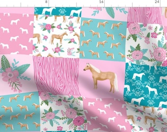 Horse Quilt Blue Cheater Quilt Fabric - Pink And Teal, Palomino Horse Fabric, Horse Fabric, Cheater Quilt Fabric - 6" Squares By Petfriendly
