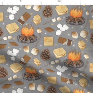 Camping Fabric - S&#39;mores On Gray by kim_marshall_studio - Smores Adventure Gray Bonfire Marshmallow Fire  Fabric by the Yard by Spoonflower
