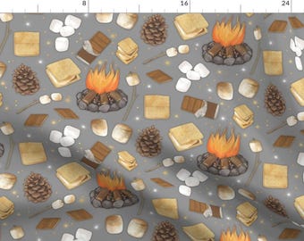 Camping Fabric - S'mores On Gray by kim_marshall_studio - Smores Adventure Gray Bonfire Marshmallow Fire  Fabric by the Yard by Spoonflower