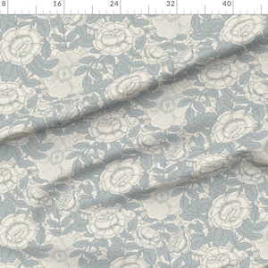 Blauer Satin Stoff - Französische Rose von latheandquill - Floraler Viktorianischer Rosen Stoff als Meterware von Spoonflower