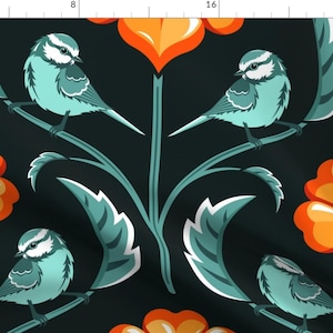 Maximalist Birds Fabric - The Flower by the_snail_and_starling - Jumbo Flowers Garden Nature Blue Orange Fabric by the Yard by Spoonflower