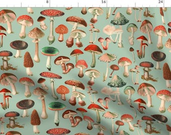 Mushroom Fabric - Mushies Red Green Large By Thistleandfox - Vintage Style Botanical Woodland Cotton Fabric By The Yard With Spoonflower
