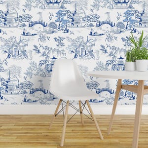 Papel pintado estilo chinoiserie - Pagodas japonesas de Unalome Designs - Rollo de papel pintado autoadhesivo removible con estampado personalizado Toile de Spoonflower