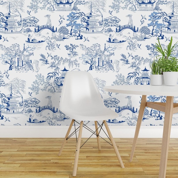 Chinoiserie Wallpaper - Japanese Pagodas By Unalome Designs - Toile Custom Printed Removable Self Adhesive Wallpaper Roll by Spoonflower