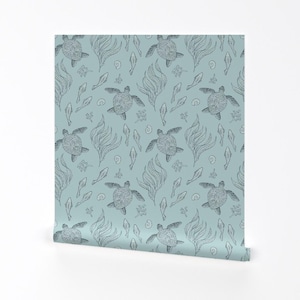 Blue Removable Peel and Stick Wallpaper -  Aqua Hand Drawn Ocean Sea Turtles Seaside Beach - Wall Art Wall Decor - Sea Turtle  by judy_beau