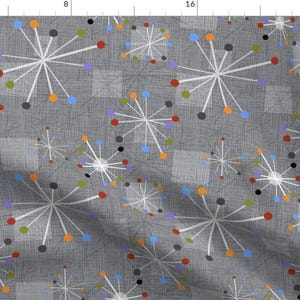 Atomic Age Fabric - Mid Century Modern Stars Clocks Gray By Theodesign - Retro Woven Look 1950s Cotton Fabric By The Yard With Spoonflower