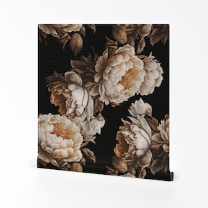 Black Floral Removable Peel and Stick Wallpaper - Vintage Flowers Floral Retro - Wall Art Wall Decor - Dramtic Peonies by digitalarsiart