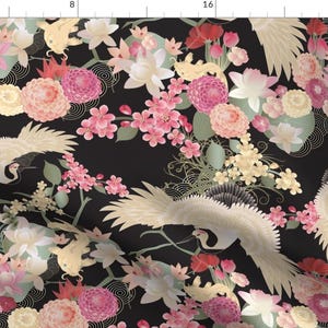 Japanese Garden With Cranes Fabric - Japanese Garden With Cranes By Kociara - Japanese Floral Cotton Fabric By The Yard With Spoonflower