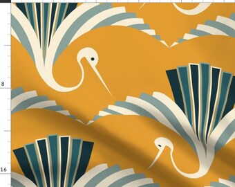 Retro Cranes Fabric - Art Deco Crane by pakanta_handmade - Vintage Yellow Blue Mustard Yellow Large Scale Fabric by the Yard by Spoonflower