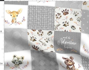 Quilt Woodland Gray Nursery Fabric - Woodland Animal Tracks Cheater Quilt – Adventure Gender Neutral Gray Patchwork, Style G By Gingerlous