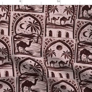 Moroccan Block Print Fabric - Adventure Sahara by marywood_nl - Pink Brown Desert Scene Camels Stamp Fabric by the Yard by Spoonflower