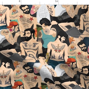 May include: A seamless pattern featuring a repeating design of shirtless men with various tattoos. The men have different hairstyles and facial hair. The tattoos are in black and white and include various designs such as wings, skulls, and geometric shapes.