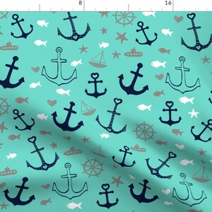 Aqua Anchors Fabric - Aqua Multi Anchors By Dreammachineprints- Whimsical Nautical Ships and Subs Cotton Fabric By The Yard With Spoonflower