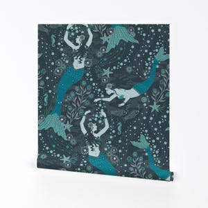 Teal Mermaids Removable Peel and Stick Wallpaper - Turquoise Bubbles  - Wall Art Wall Decor - Dance Of The Mermaids by misentangledvision