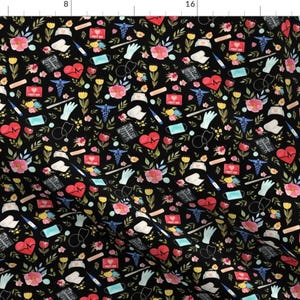 Small Scale Nurse Fabric - 8" Love To Care Medical Black By Rebelmod - Nurse Appreciation Cotton Fabric By The Yard With Spoonflower
