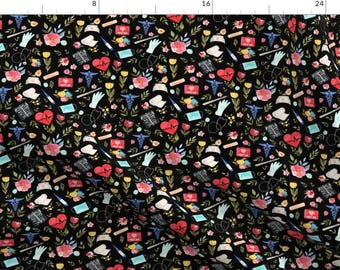 Small Scale Nurse Fabric - 8" Love To Care Medical Black By Rebelmod - Nurse Appreciation Cotton Fabric By The Yard With Spoonflower