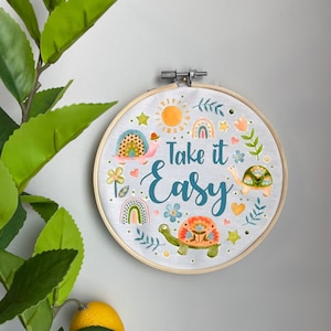 Turtles Embroidery Template on Cotton - Take it Easy By kristeninstitches- Boho Embroidery Pattern for 6" Hoop Custom Printed by Spoonflower