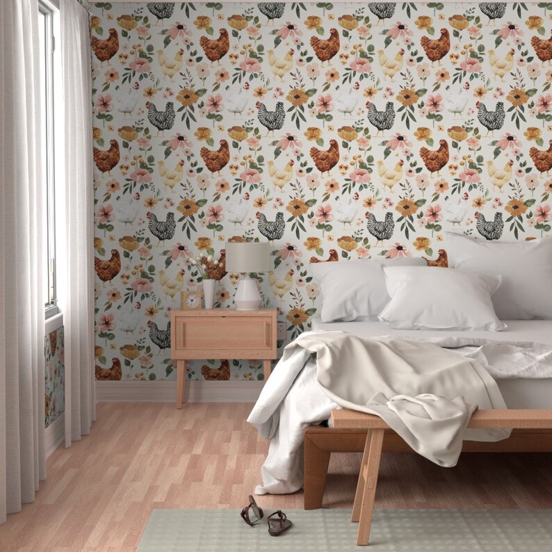 Farmhouse Wallpaper Watercolor Chicken Floral by cateandrainn Painted Hens Chickens Removable Peel and Stick Wallpaper by Spoonflower image 5