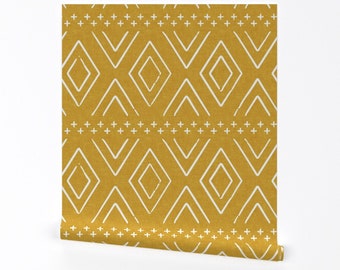 Mudcloth Wallpaper - Safari Wholecloth Diamonds On Mustard Farmhouse - Custom Printed Removable Self Adhesive Wallpaper Roll by Spoonflower