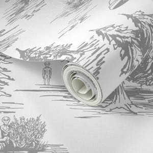 Peel-and-Stick-behang van de ufo - Space Aliens Whimsical Toile - Verwisselbare muurdecoratiekunst - Alien Abduction Toile De Jouy door somecallmebeth afbeelding 3