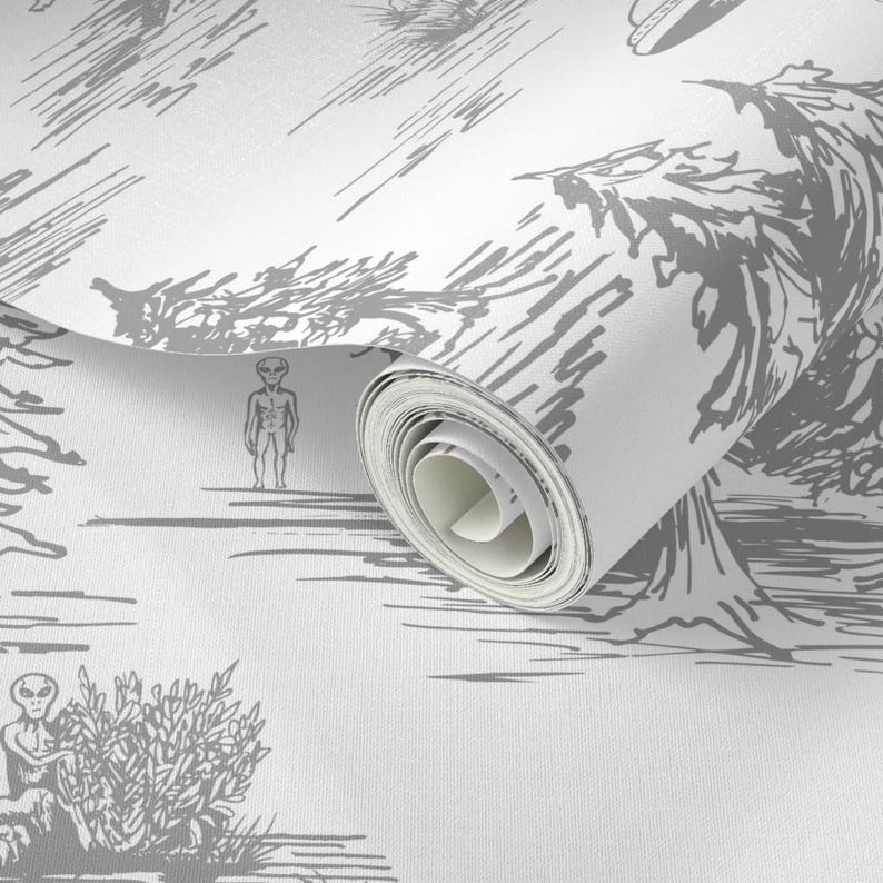 Peel-and-Stick-behang van de ufo - Space Aliens Whimsical Toile - Verwisselbare muurdecoratiekunst - Alien Abduction Toile De Jouy door somecallmebeth afbeelding 3