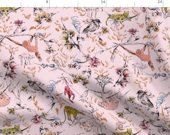 Monkey Fabric - Jungle Chinoise Pink By Pattern State - Pink Jungle Birds Tiger Monkey Nursery Cotton Fabric By The Yard With Spoonflower