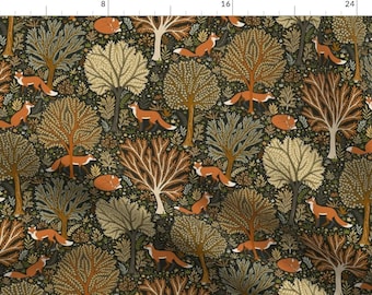 Woodland Fabric - Fox Forest by serena_archetti - Nature Forest Fox Green Orange Brown Autumn Woods Trees Fabric by the Yard by Spoonflower