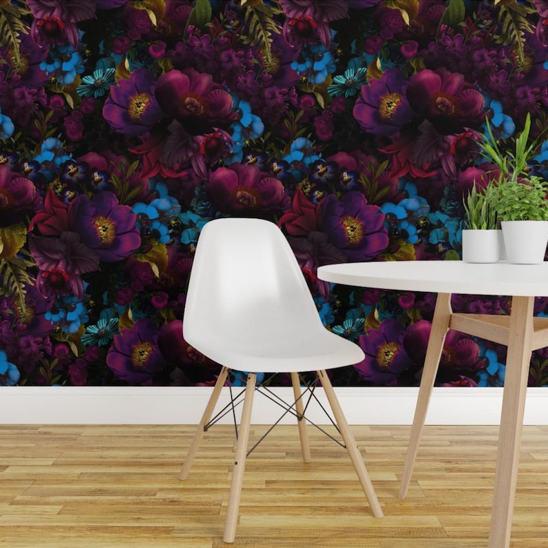 Dark Floral Wallpaper - Moody Florals By Utart - Mystic Night By Utart - Garden Bold Removable Self Adhesive Wallpaper Roll by Spoonflower image 1