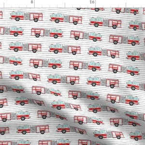 Fire Trucks On Stripes Fabric - Watercolor Firetruck On Stripes By Littlearrowdesign - Fire Truck Cotton Fabric By The Yard With Spoonflower