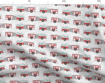 May include: A white fabric with a repeating pattern of red fire trucks on a gray and white striped background.