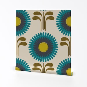 Papel pintado floral retro - Retro Zinnia de Katerhees - Rollo de papel pintado autoadhesivo extraíble con impresión personalizada en azul mostaza de Spoonflower