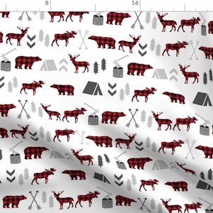 May include: A white background with a repeating pattern of red and black buffalo plaid bears, moose, deer, and camping icons. The icons include a tent, a campfire, a tree, and an arrow.