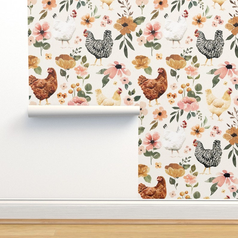 Farmhouse Wallpaper Watercolor Chicken Floral by cateandrainn Painted Hens Chickens Removable Peel and Stick Wallpaper by Spoonflower image 4