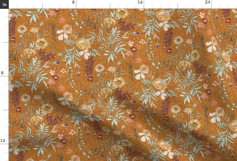 Flower Fabric - Marigold Love By Nouveau Bohemian - Autumn Floral Mustard White Green Romantic Cotton Fabric By The Yard With Spoonflower image 1