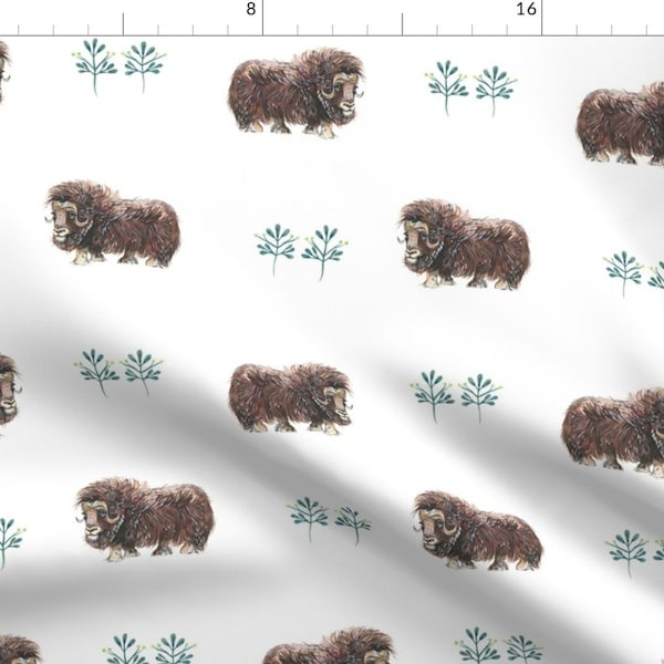 Musk Ox Fabric - Watercolor Musk Ox And Simple Plants Smaller By Taraput - Arctic Animal Umingmak Cotton Fabric By The Yard With Spoonflower