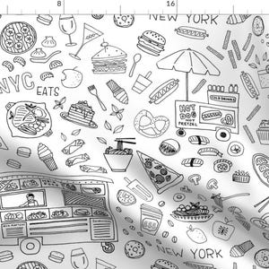 NYC Coloring Page Fabric - New York City Eats By Ldpapers - Hand-Drawn New York Monochrome Cotton Fabric By The Yard With Spoonflower