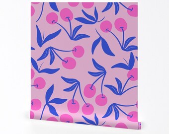 Bold Summer Fruit Wallpaper - Fresh Cherries On Pink by tarareed - Pink Bright Vibrant Removable Peel and Stick Wallpaper by Spoonflower