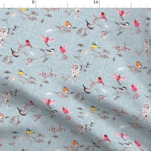 Bird Fabric - Snö Birds (Blue) By Nouveau Bohemian - Bird Robin Cardinal Snow Winter Branches Cotton Fabric By The Yard With Spoonflower
