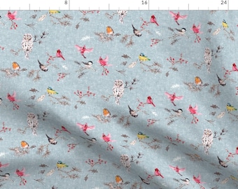 Bird Fabric - Snö Birds (Blue) By Nouveau Bohemian - Bird Robin Cardinal Snow Winter Branches Cotton Fabric By The Yard With Spoonflower